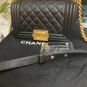 CHANEL Black Quilted Boy Bag with Gold Accents